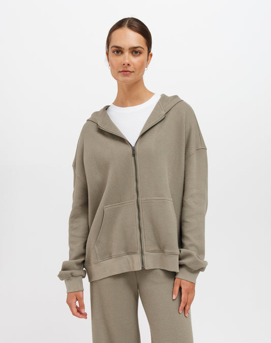 Waffle Oversized Zip-Up Hoodie | Olive