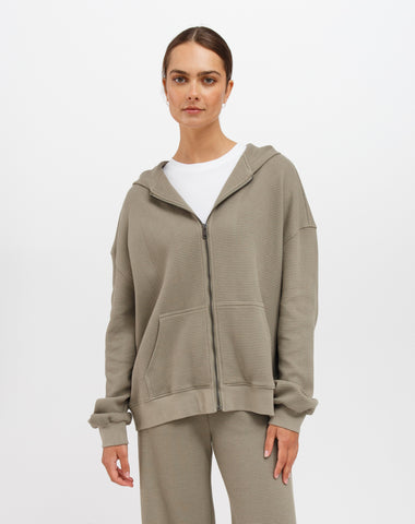 Waffle Oversized Zip-Up Hoodie — Olive